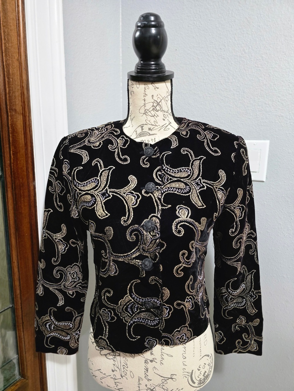Vintage 90s Norton McNaughton Velvet Blazer Paisley Embroidered 6P Black Silver